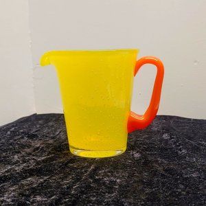 Vintage Yellow Controlled Bubble Hand Blown W/ Orange Glass Handle Pitcher